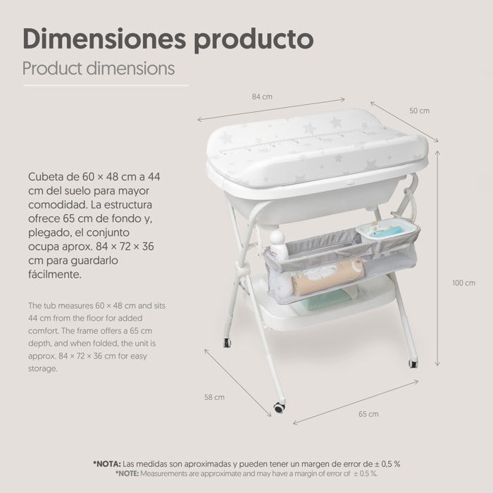 Bañera Bebe Plegable con Cambiador y Hamaca, modelo Estrellas