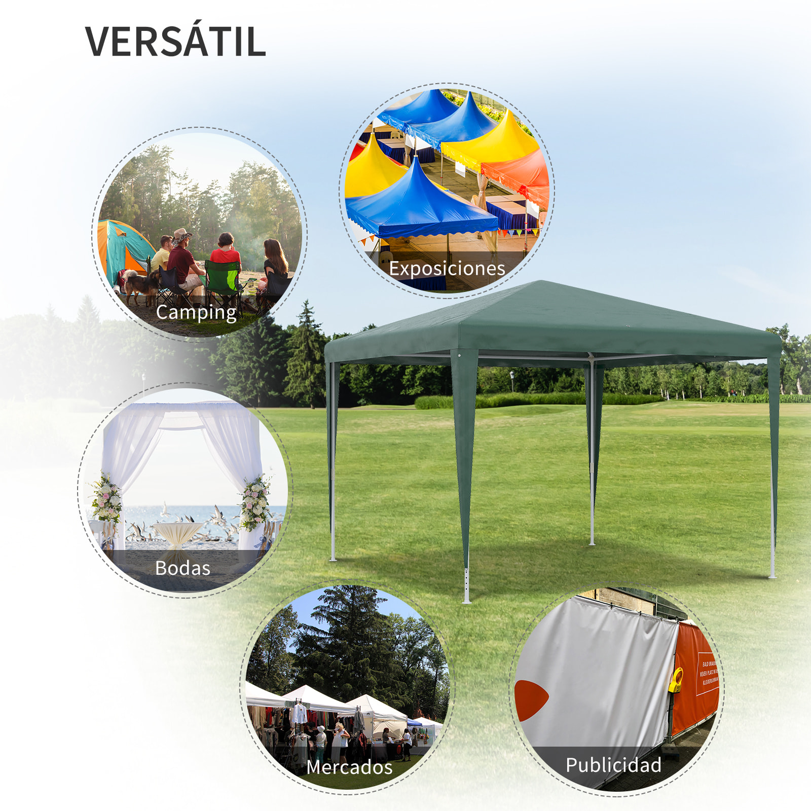 Carpa Desmontable 3x3 m Cenador Pabellón de Jardín con 4 Orificios de Drenaje y Marco de Acero Gazebo para Terraza Patio Exterior Camping Verde