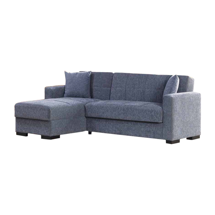 Divano letto con penisola Armadillo, Divano ad angolo reversibile, Sofà contenitore da soggiorno con chaise longue e 2 cuscini, 230x150h81 cm, Grigio