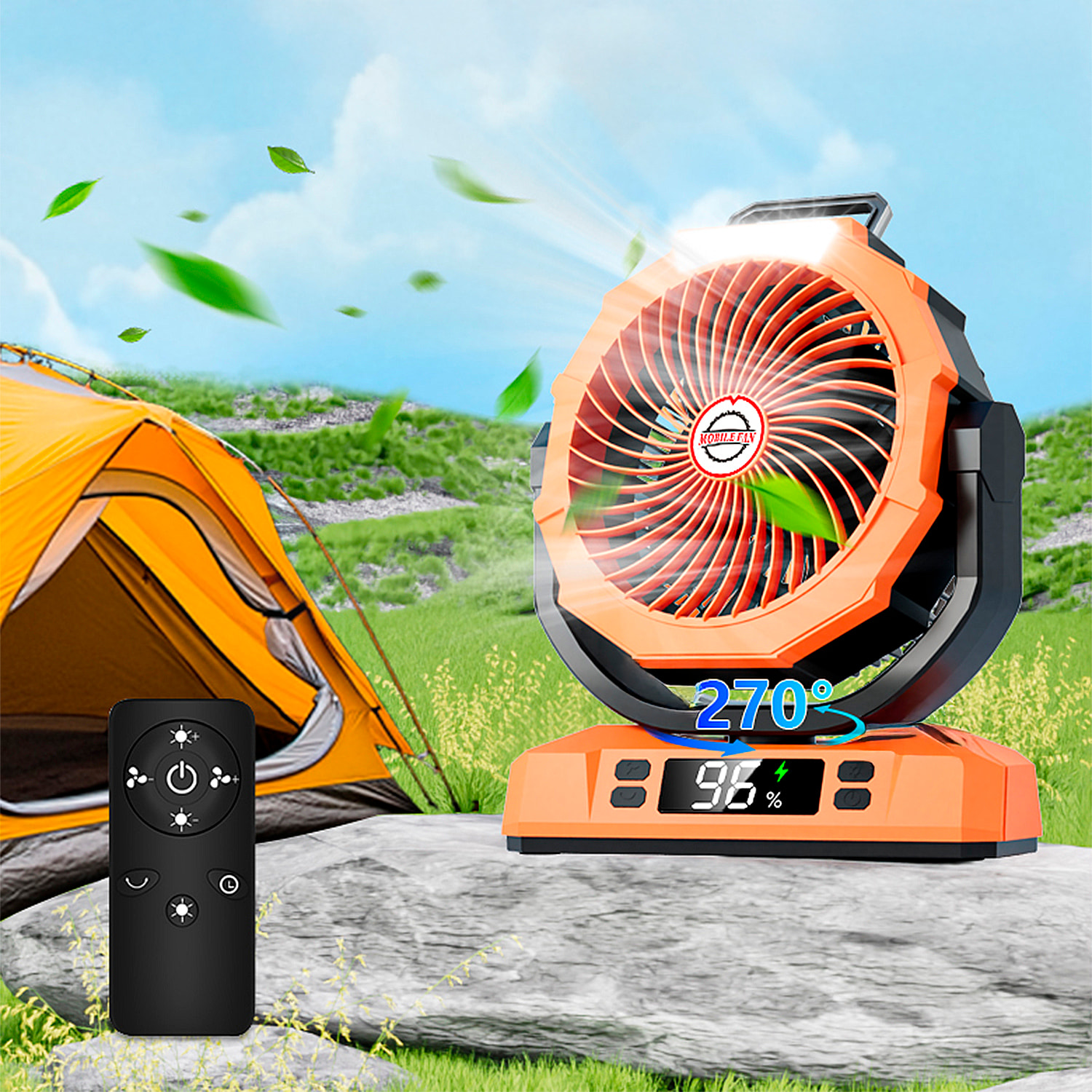 Ventilador P50 con motor sin escobillas, LED con 9 luces, 6 velocidades, 2 niveles de luz y temporizador. Ángulo ajustable de 180º con oscilación, gancho para colgar y powerbank de 20000 mAh.