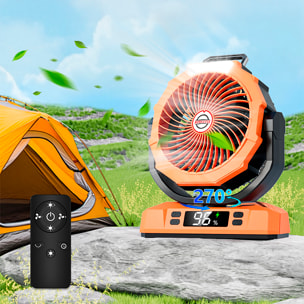 Ventilador P50 con motor sin escobillas, LED con 9 luces, 6 velocidades, 2 niveles de luz y temporizador. Ángulo ajustable de 180º con oscilación, gancho para colgar y powerbank de 20000 mAh.