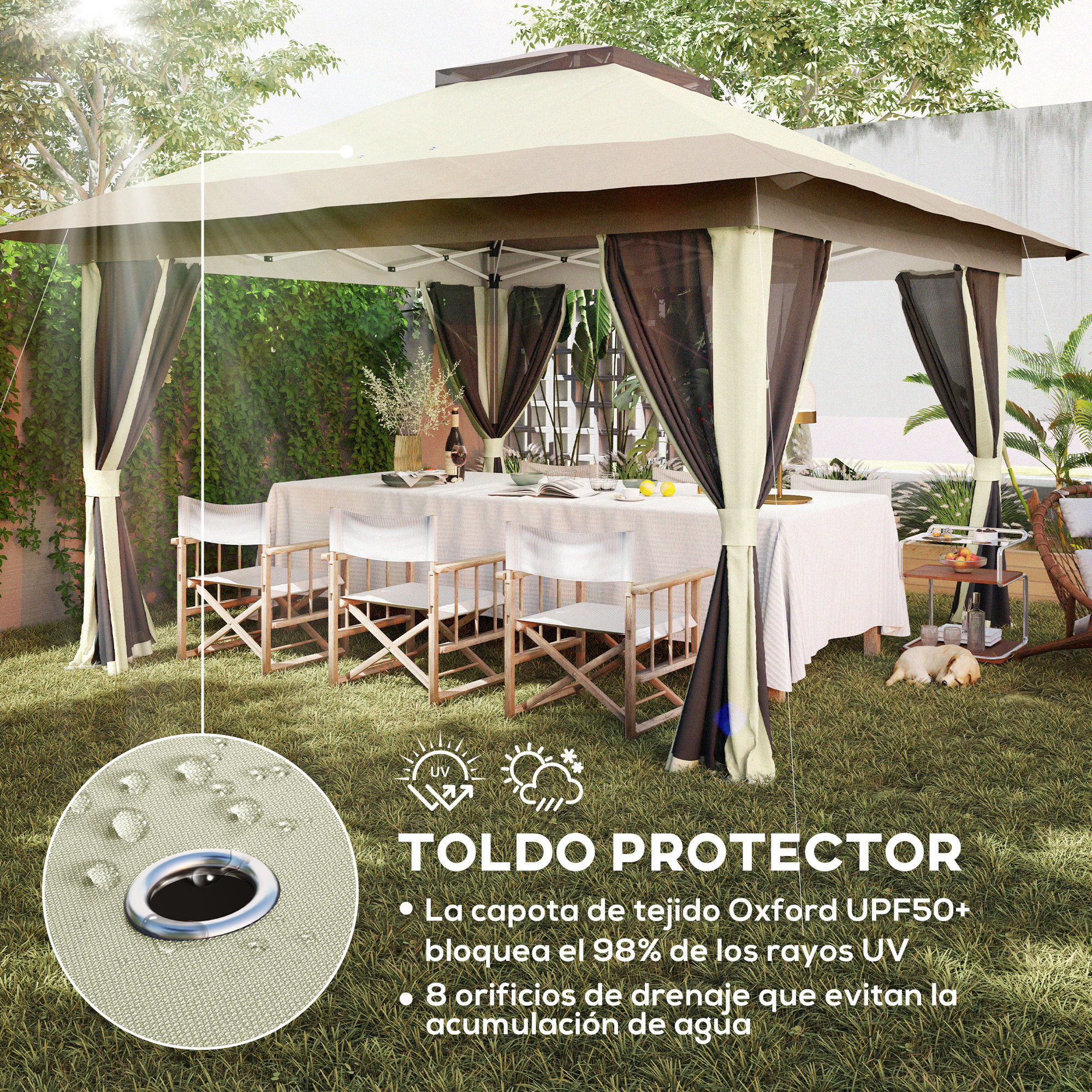 Carpa Plegable Gazebo 3,6x3,6 m Cenador Plegable con 4 Paredes Laterales de Malla Anti-UV Altura Ajustable Bolsa de Arena y Bolsa de Transporte para Camping Fiestas