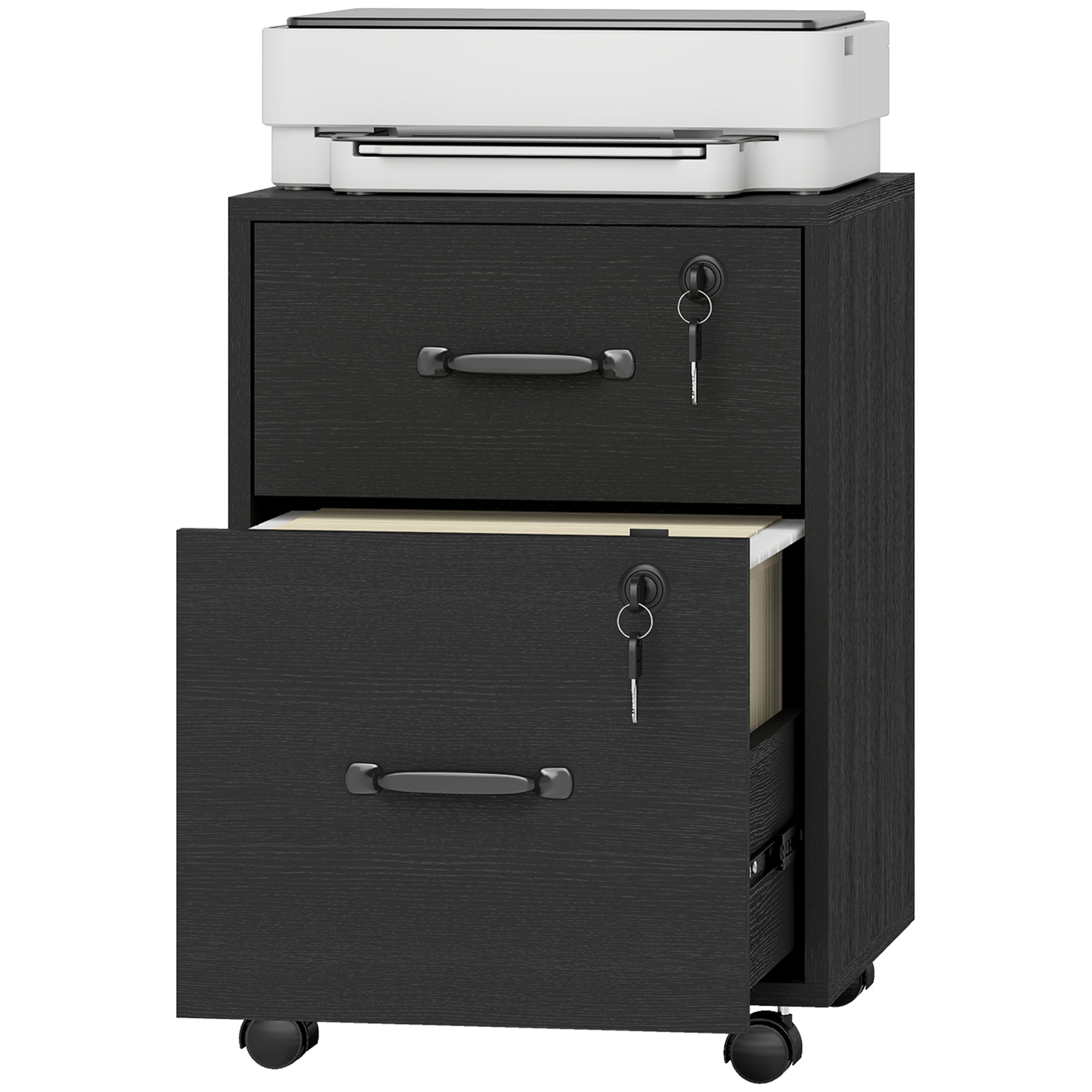 Caisson bureau verrouillable mobile 2 tiroirs coulissants trieur dossiers effet bois noir