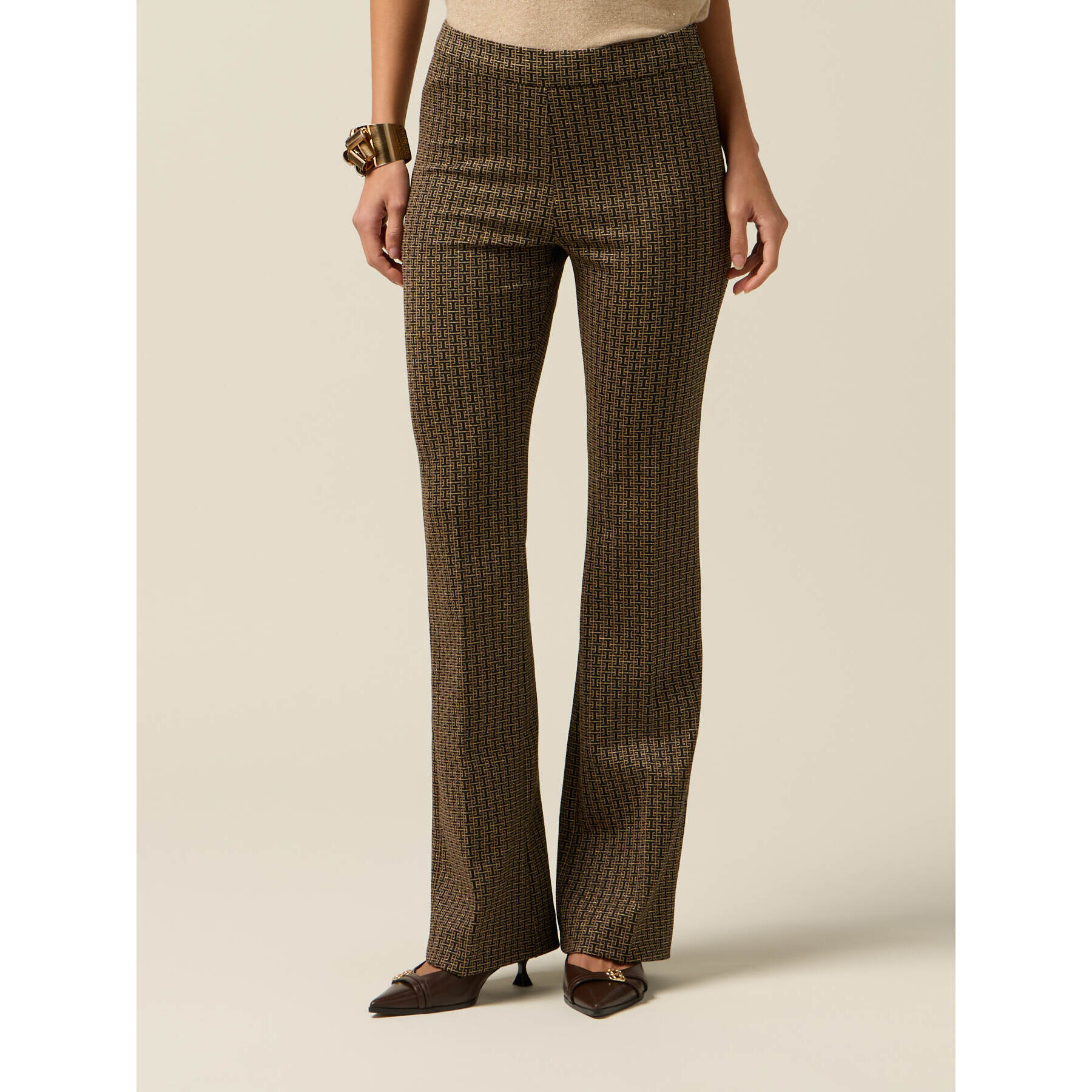 Oltre - Pantaloni flare in punto milano fantasia - Oro