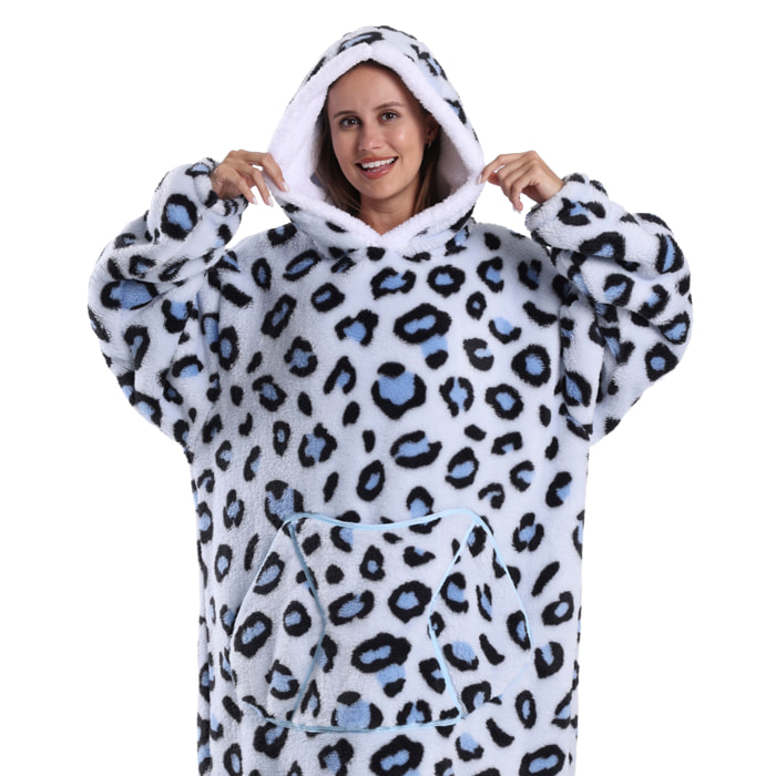 Vestito stile felpa e coperta in pile extrasoft. Triplo taschino frontale tipo kangaroo. Design leopardo bianco tipo corto.