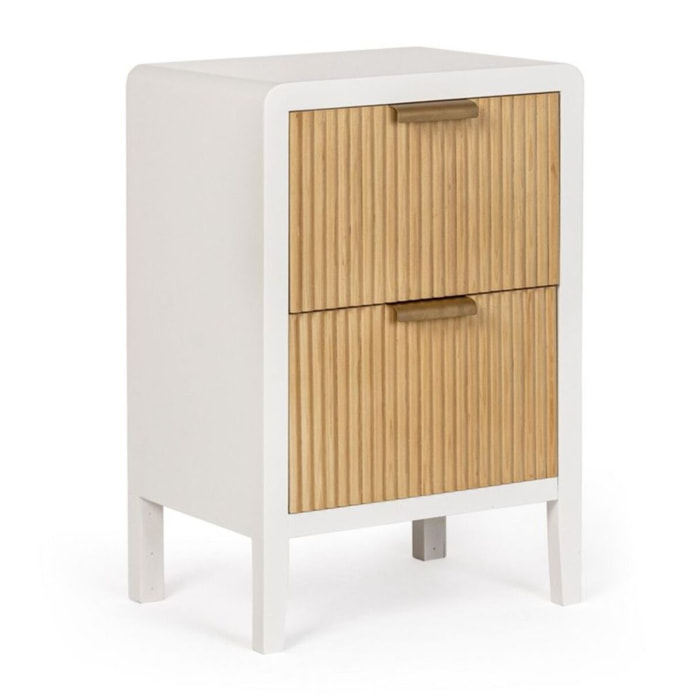 Comodino CHARLEY in legno bianco e 2 cassetti in legno naturale paulownia, 40x30x60 cm