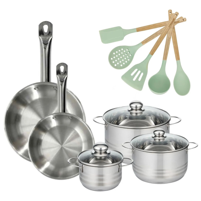 Lot 2 Poêles et 3 Faitouts 16/20/24cm Fackelmann Etherna avec 5 ustensiles Océan