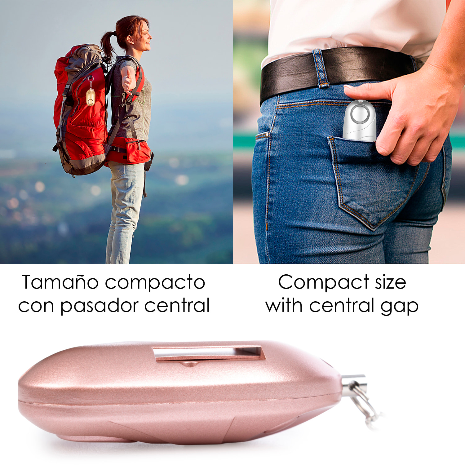 Allarme SOS personale con luce LED brillante e suono di 130dB. 3 batterie LR44 incluse e attivazione rapida tirando l'anello.