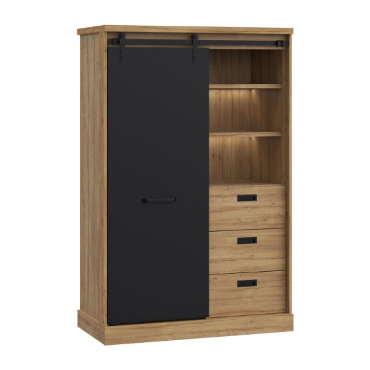 Buffet haut avec LED en bois effet chêne et noir - FACTORY