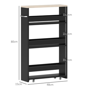 Carrito Auxiliar con Ruedas de 3 Niveles, Carrito de Cocina Estrecho con 3 Estantes, Tablero y Asa, para Comedor, Salón, Baño, 48x15x80 cm, Negro