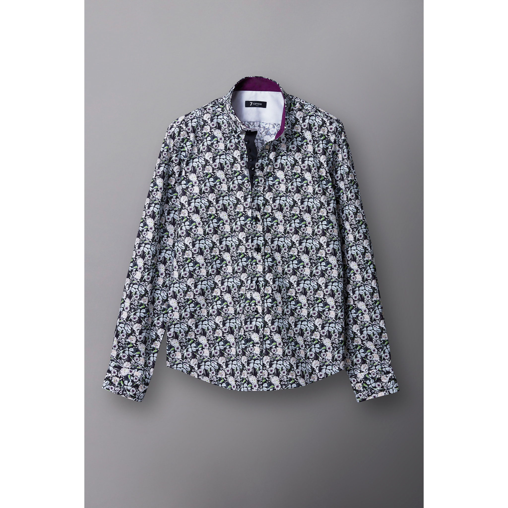 Camicia Uomo 1 Bottoni Button Down Slim Popeline Stampato Nero/Bianco