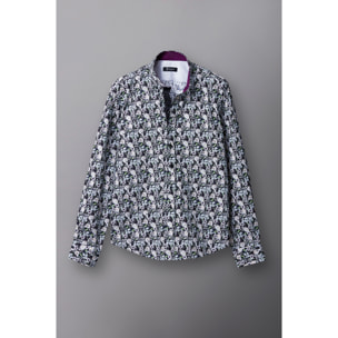 Camicia Uomo 1 Bottoni Button Down Slim Popeline Stampato Nero/Bianco