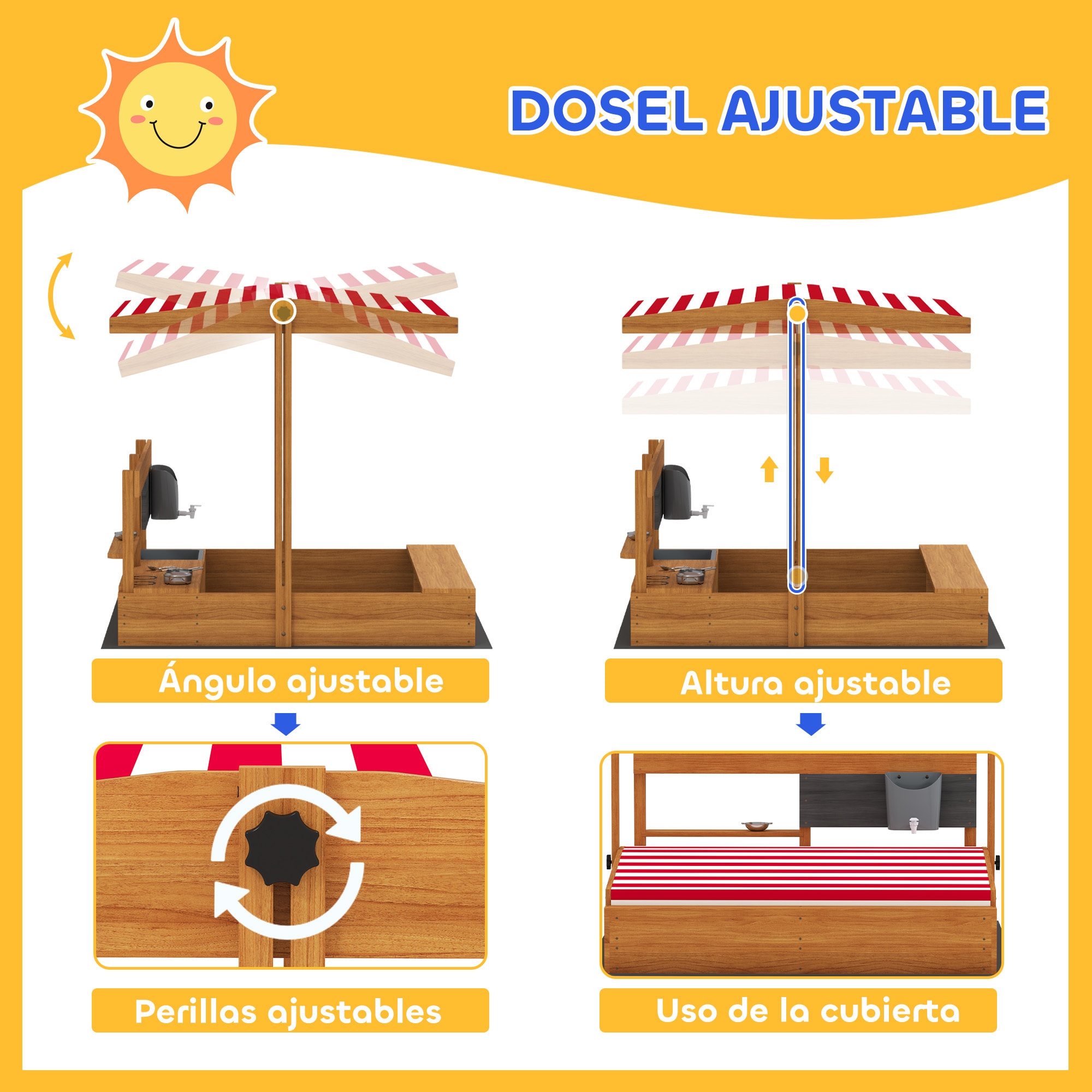 Arenero para Niños de Madera con Techo Ajustable, Arenero Infantil con Juguetes de Cocina, Estante y 2 Asientos, Juego para Niños de 3-7 Años, para Patio, Jardín, 114x110x110 cm, Marrón