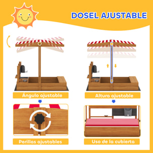 Arenero para Niños de Madera con Techo Ajustable, Arenero Infantil con Juguetes de Cocina, Estante y 2 Asientos, Juego para Niños de 3-7 Años, para Patio, Jardín, 114x110x110 cm, Marrón