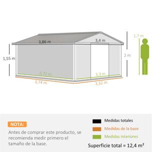 Caseta de Jardín Exterior, 12,4 m² 340x386x200 cm Cobertizo de Jardín Exterior Metálico con Puerta Corredera Base Refuerzo (Suelo NO Incluido) y Ventanas Ocre Oscuro