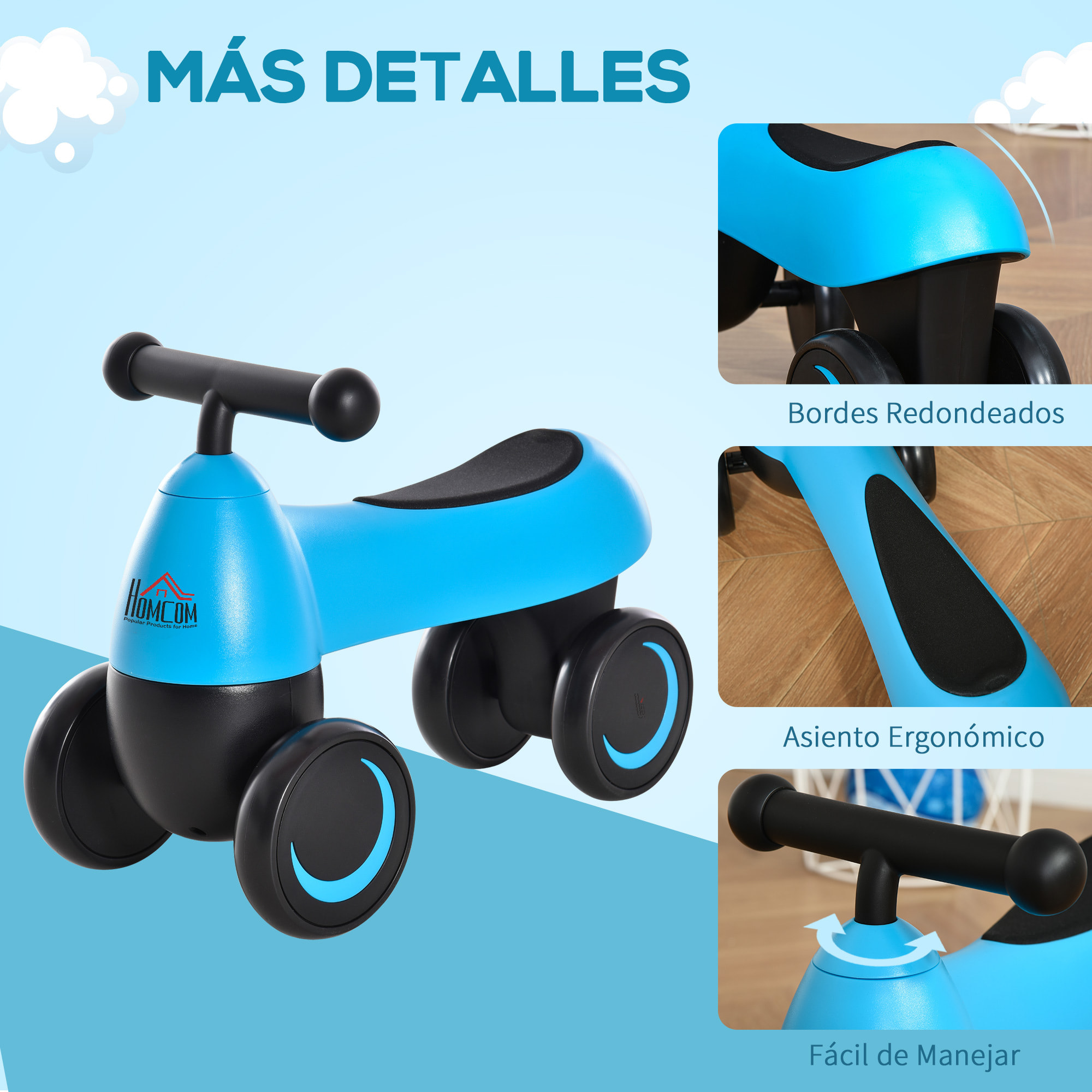 Correpasillos de Equilibrio Niños 18-36 Meses con 4 Ruedas Regalo 54x26x38cm Azul