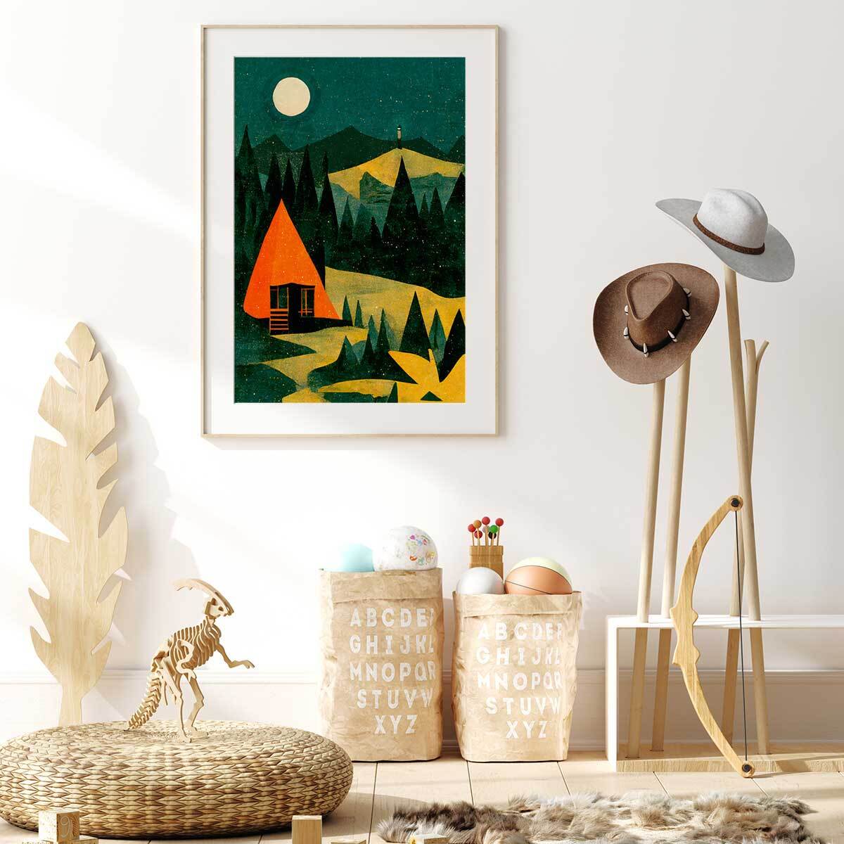 Affiche enfant cabane dans la forêt  Affiche + cadre en bois - Chêne