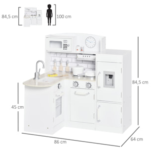 Cocina de Juguete de Madera para Niños de +3 Años con 14 Accesorios Separable Cocinita Infantil con Sonido Nevera Microondas Fregadero Campana 86x64x84,5 cm Blanco