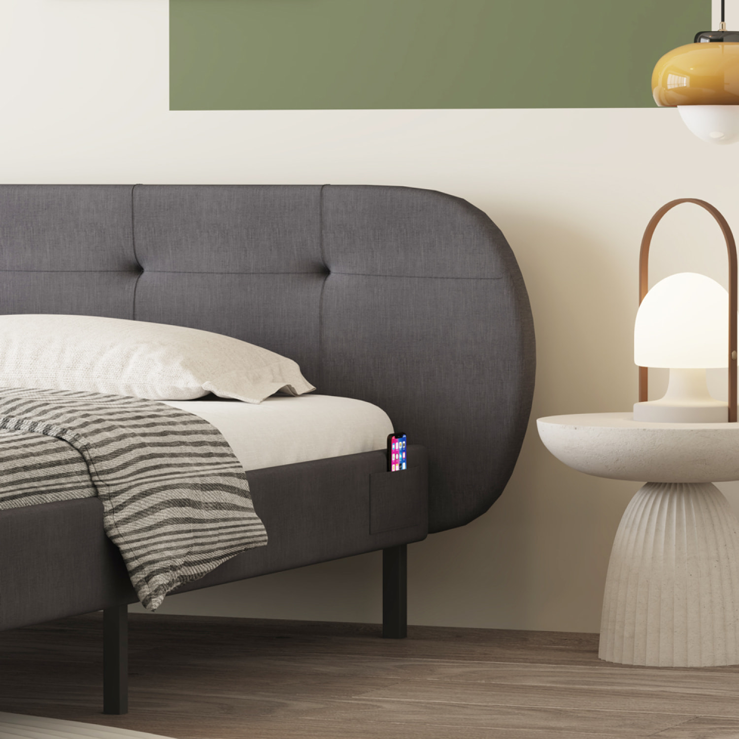 RENO Lit capitonné 140x190cm gris avec tête de lit et sommier