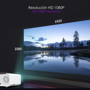 Video proyector LED W80 con Wifi y Android 6.0 incorporado. Full HD1080P, soporta 4K. De 27 a 200 pulgadas, brillo 8000 lm, altavoz incorporado.