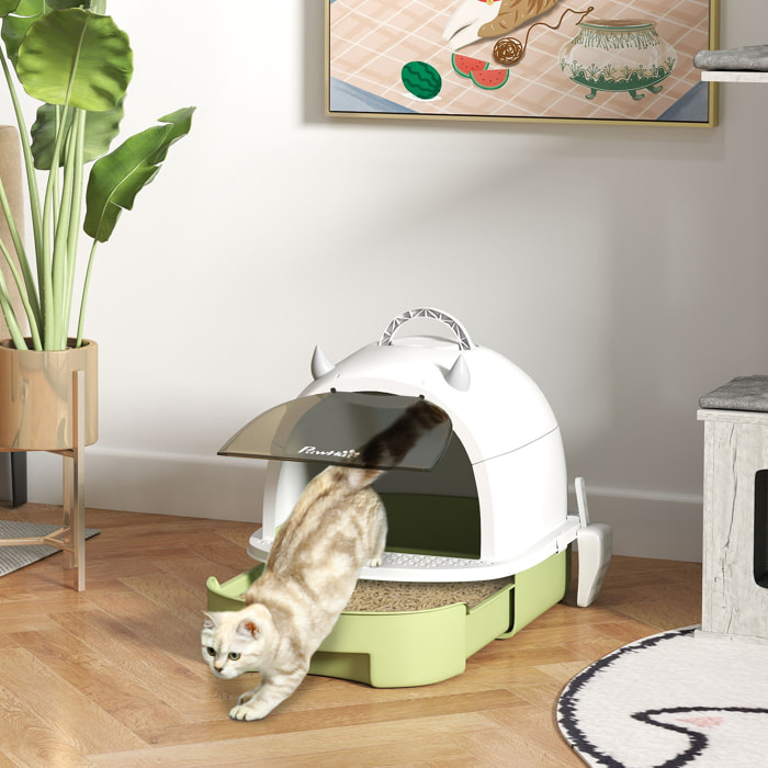 Maison de toilette chat design - porte fumée, pelle, 2 sacs désodorisation, tiroir litière coulissant, poignée - blanc vert