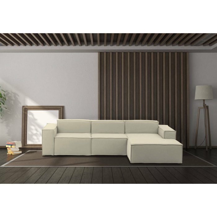 Divano fisso Giovanna, Divano componibile a 3 posti con penisola destra, 100% Made in Italy, Sofà moderno in tessuto, Cm 300x170h70, Beige