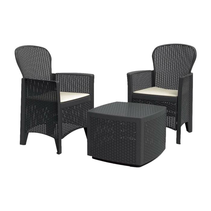 Set salotto da esterno Anny, Set da giardino con 2 poltrone ed 1 tavolino contenitore, Salottino effetto rattan, 100% Made in Italy, Antracite