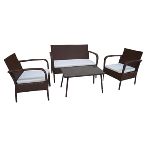 Salon de jardin LIPARI en résine tressée marron 4 places - coussins ivoire