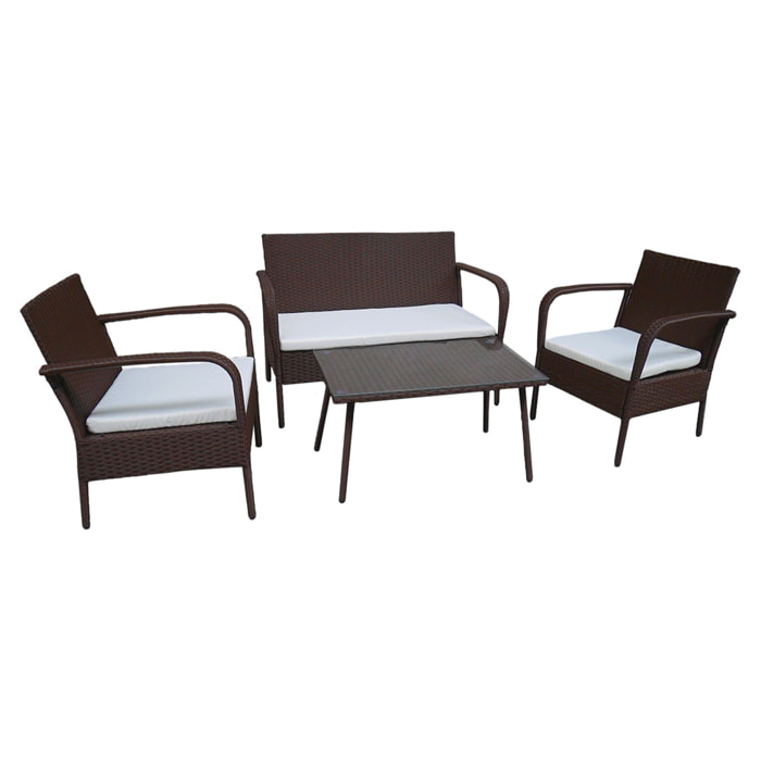 Salon de jardin LIPARI en résine tressée marron 4 places - coussins ivoire