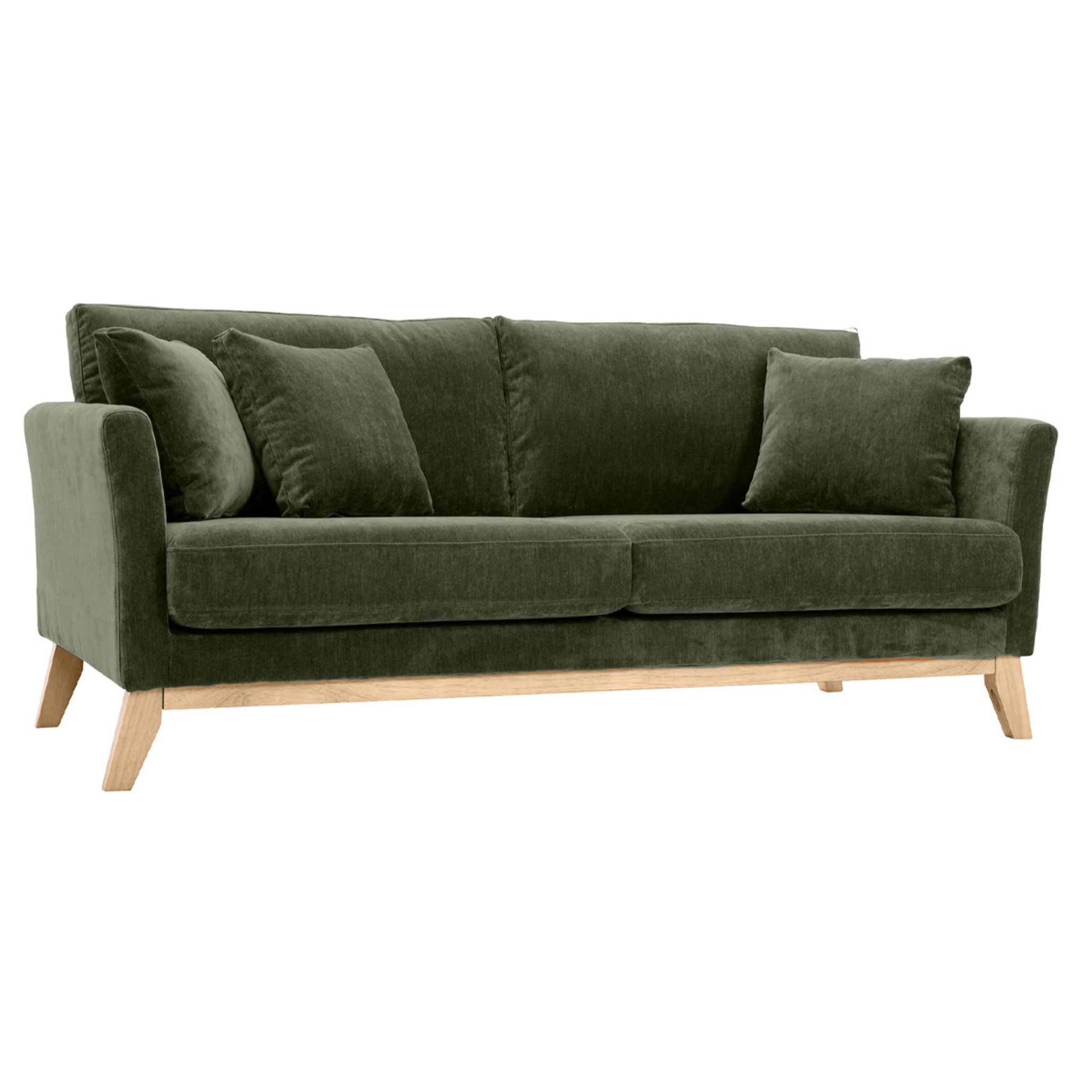Canapé scandinave déhoussable 3 places en tissu effet velours vert kaki et bois clair OSLO
