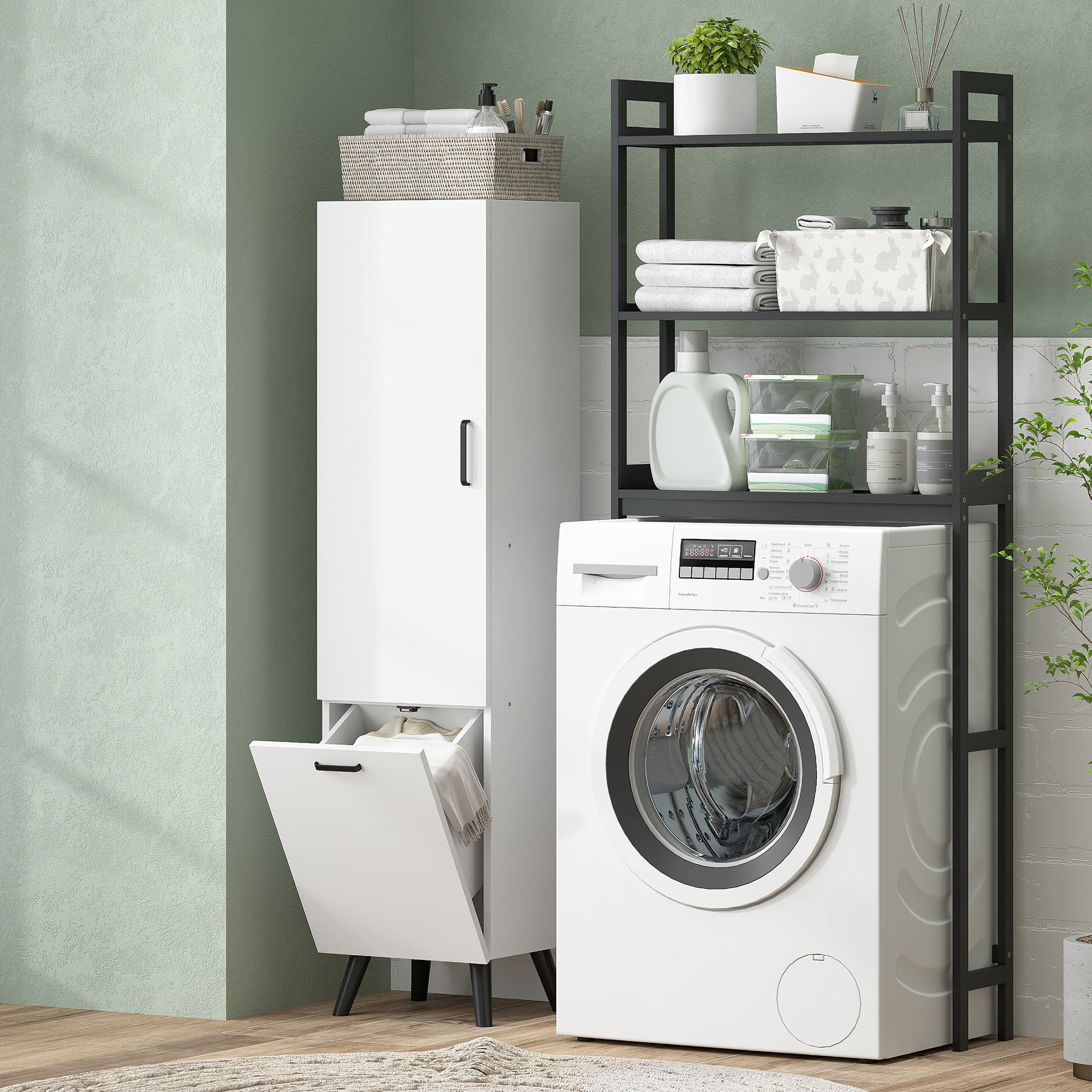 Armario de Baño Alto con Cesto Ropa Sucia Columna de Baño Estrecho con Puerta y Estantes Mueble Auxiliar para Salón Cocina 35x31,5x144 cm Blanco