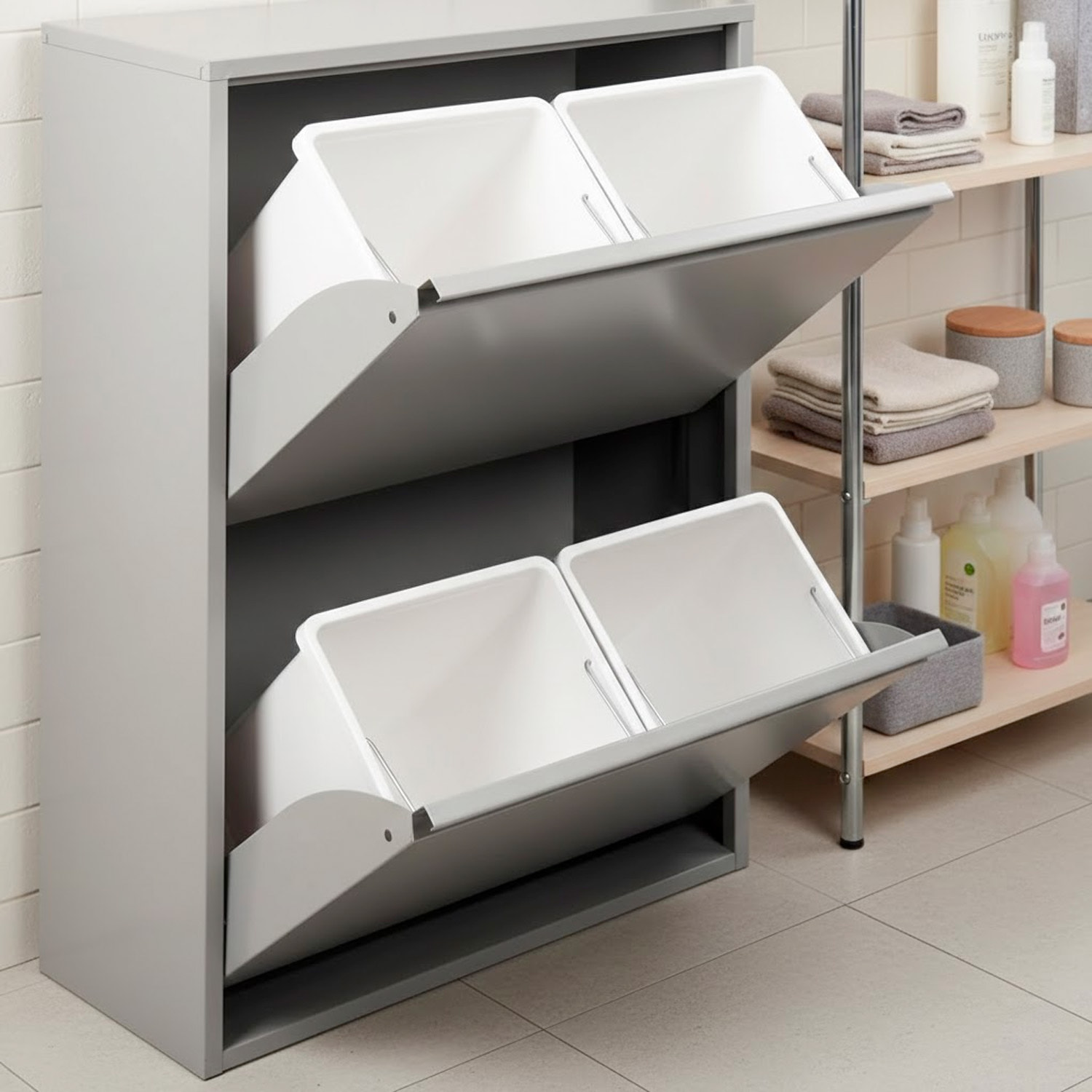 Pattumiera Raccolta Differenziata In Metallo Con 4 Cestini Estraibili E 2 Ante A Ribalta Bidone Cestino Salvaspazio 60 x 25 x 92.5 Cm Grigio