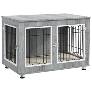 Cage pour chien sur pied - 2 portes verrouillables, coussin déhoussable inclus - acier filaire noir panneaux aspect bois gris