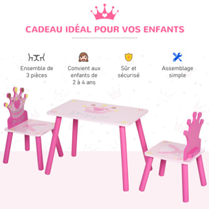 Ensemble table et chaises enfant design princesse motif couronne bois pin MDF rose