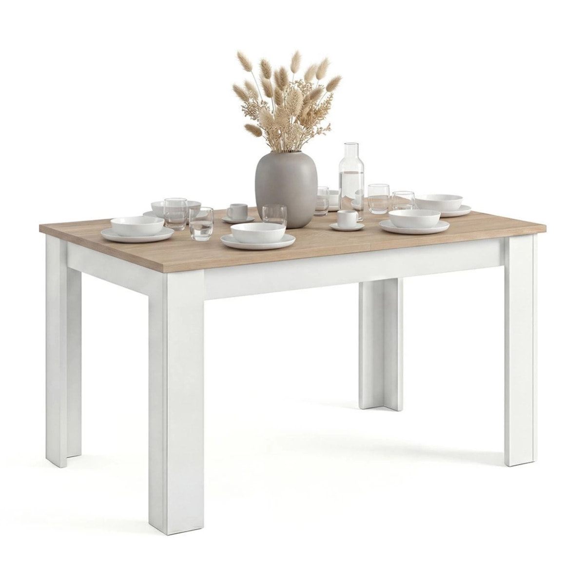 Mesa de comedor extensible en blanco artik y roble canadian 123-173x75 cm Sira Blanco Artik (Blanco Mate) - Roble Canadian
