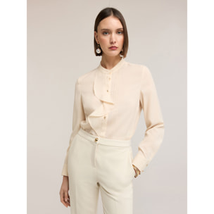 Motivi - Camicia in crêpe de chine con volant - Beige