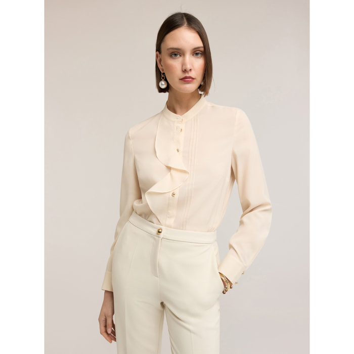 Motivi - Camicia in crêpe de chine con volant - Beige