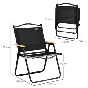 Pack de 2 Sillas Plegable de Camping Sillas de Camping Portátil con Reposabrazos y Estructura de Acero Silla para Pesca Jardín Terraza Negro