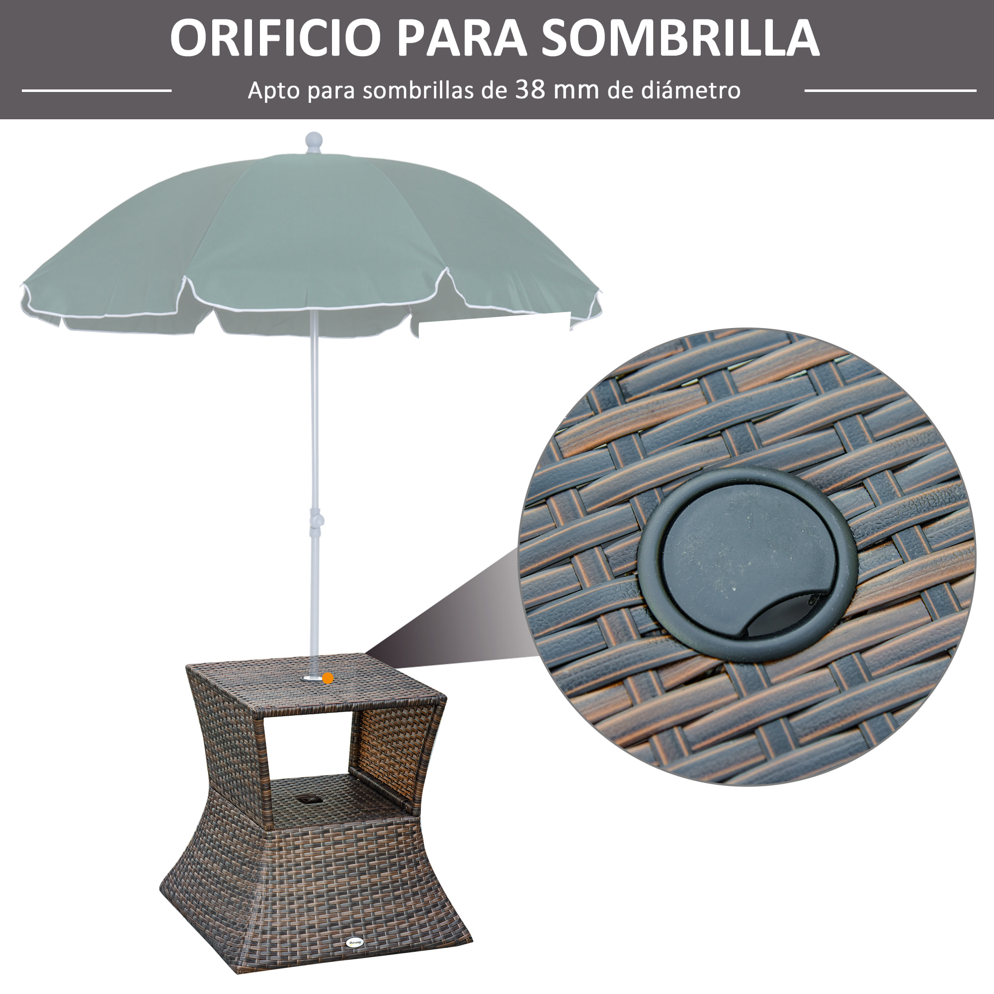 Mesa de Centro Ratán con Agujero de Sombrilla para Terraza Patio 54x54x55cm