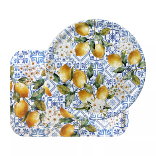 Plateau bois imprimé jaune vert Citrons azulejos bleu
