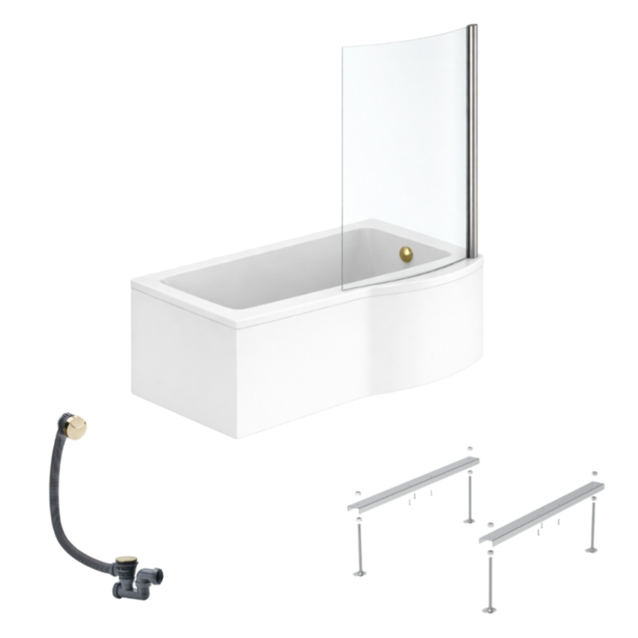 Pack baignoire bain douche 150 x 80 cm droite Connect Air + tablier + pare bain fixe  + pieds + vidage Doré