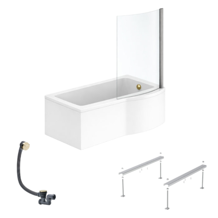 Pack baignoire bain douche 150 x 80 cm droite Connect Air + tablier + pare bain fixe  + pieds + vidage Doré