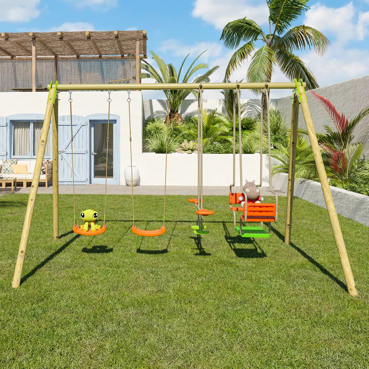 Portique bois poutre métal 2,30 m Techwood SENORA - 6 enfants