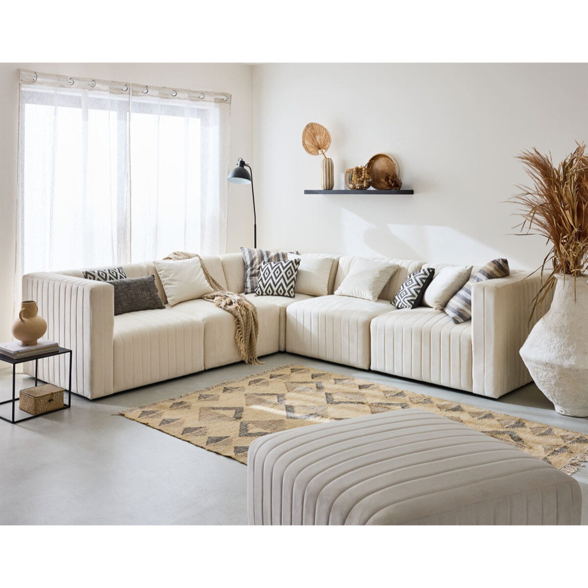 Nova - canapé modulable d'angle réversible - 6 places - avec pouf d'appoint - en velours - Beige