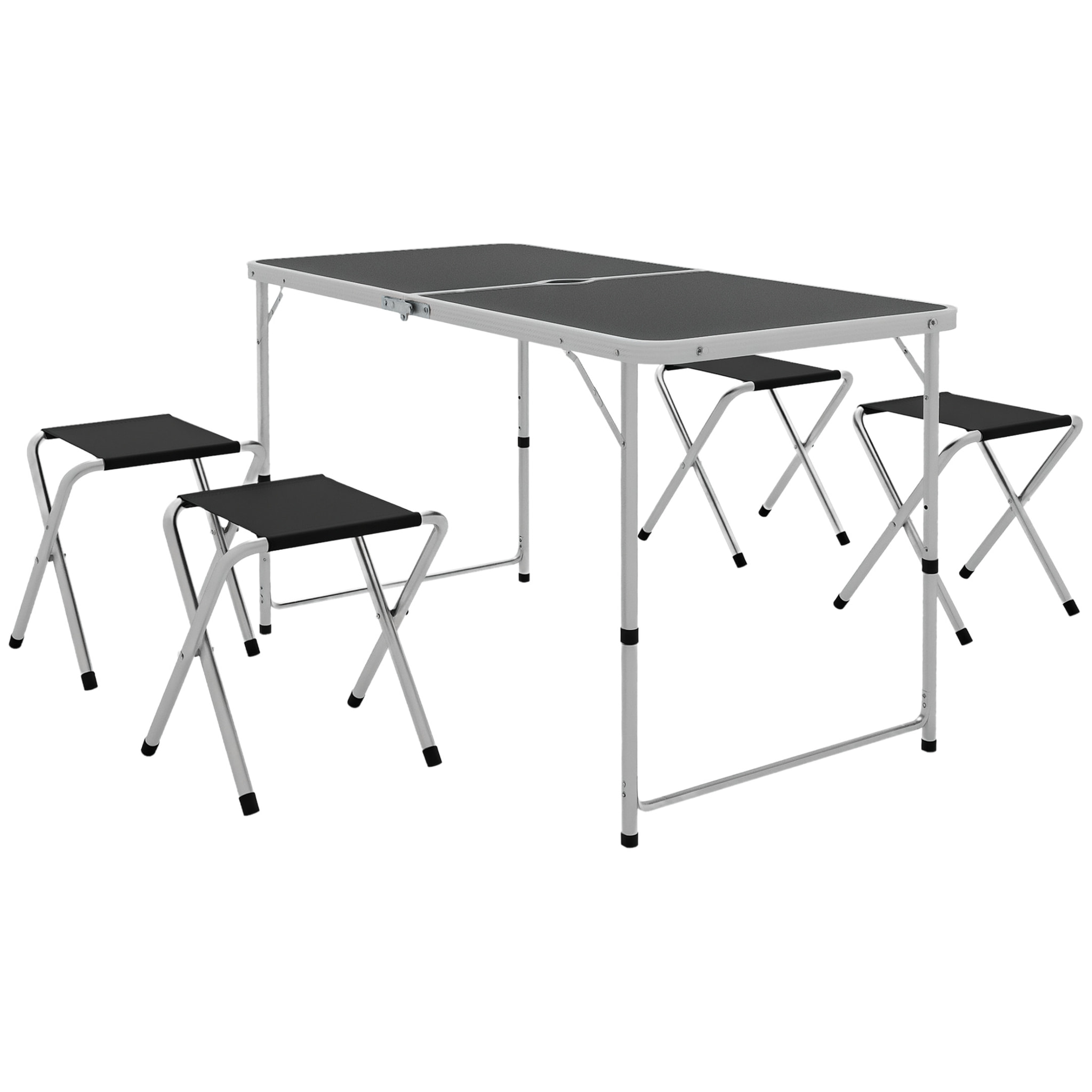 Conjunto de Camping de 5 Piezas Mesa para Camping Plegable con Sillas Incluye 1 Mesa Ajuatsble en Altura con Encimera MDF Orificio para Sombrilla 120x60x55-70 cm y 4 Taburetes Plegables Negro