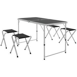 Conjunto de Camping de 5 Piezas Mesa para Camping Plegable con Sillas Incluye 1 Mesa Ajuatsble en Altura con Encimera MDF Orificio para Sombrilla 120x60x55-70 cm y 4 Taburetes Plegables Negro