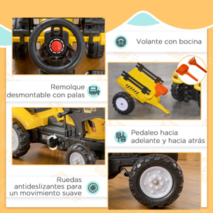 Tractor a Pedales para Niños de 3 Años Excavadora Infantil Juguete de Montar con Remolque Extraíble y Pala Delantera Carga 35 kg 167x41x52 cm Amarillo