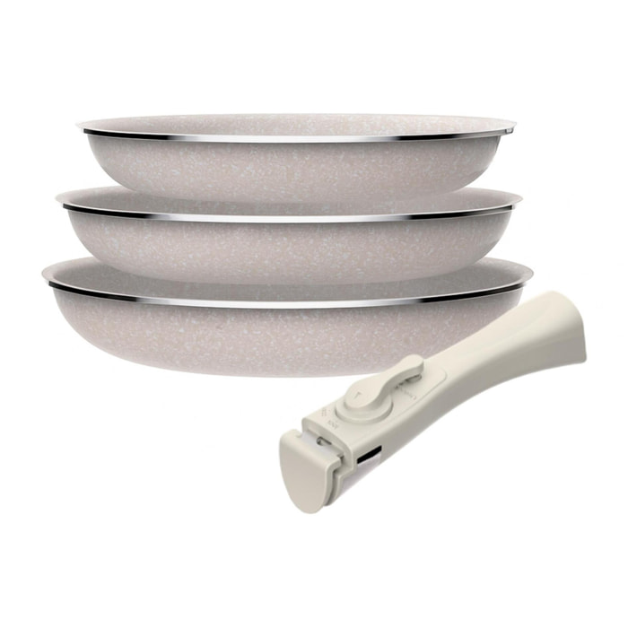 Juego de 3 sartenes ø18ø20ø24cm aluminio prensado,recubrimiento ilag antiadherente,mango extraíble,apto inducción,sin pfoa,apto lavavajillas y horno