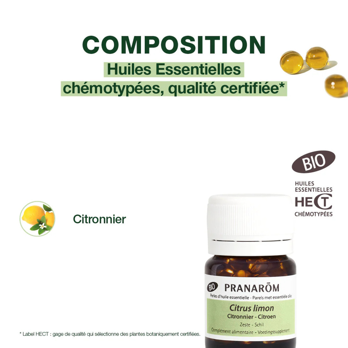 Pranarom - Perles d'Huile Essentielle de citronnier - Bio - 60 Perles