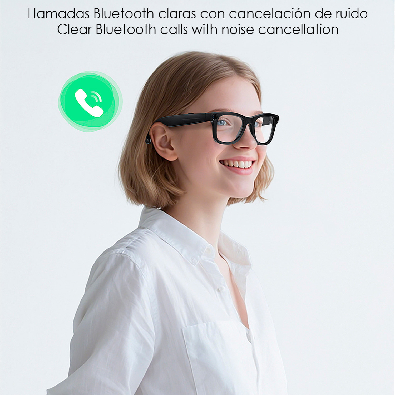 Gafas inteligentes E3. Con cámara de 8MPX, vídeos en 1080p, traductor AI en tiempo real y control de música/llamadas. Con lentes oscuras y transparentes.